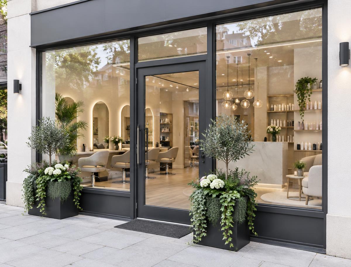 The salon shopfront with styling stations visible through the windows