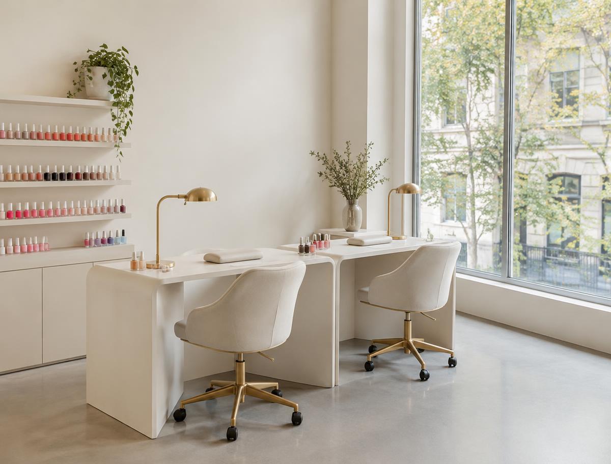 Nail bar and retail wall inside the salon, lit by the front window